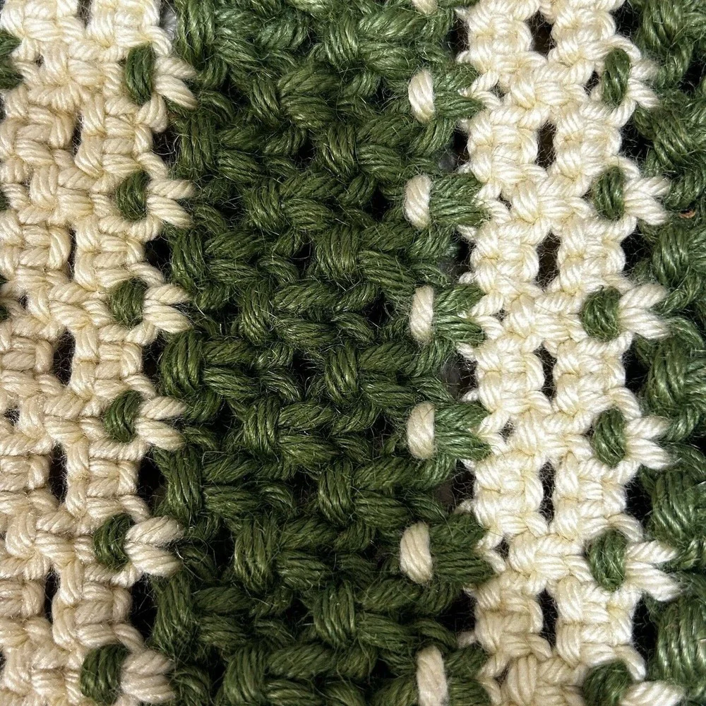 Vintage Crochet Knit Macrame Purse Wood Handles Green White Boho Granny Retro - Picture 7 of 9